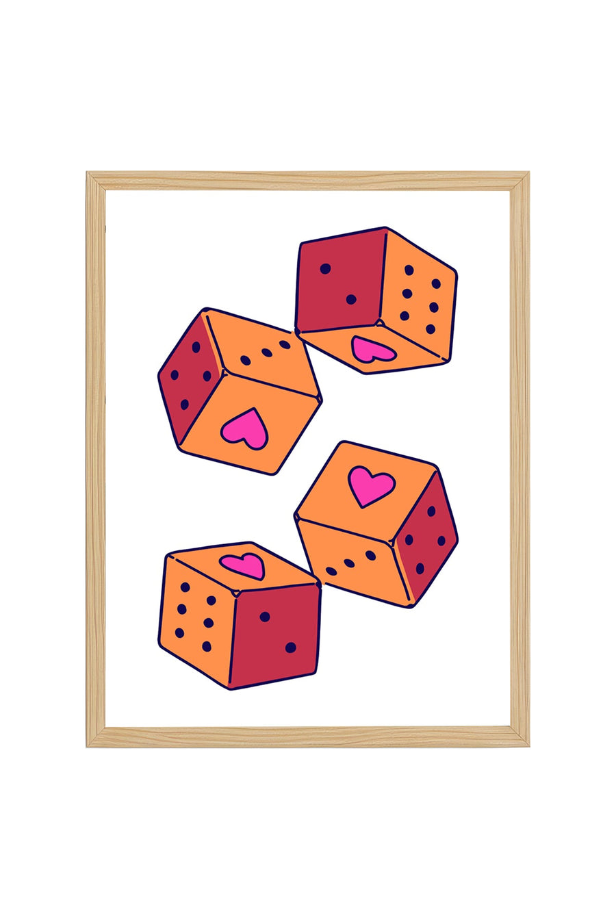 Doğal Ahşap Çerçeveli Retro Tablo - Kalpli Geometrik Desenli Pop Art | huhu2357