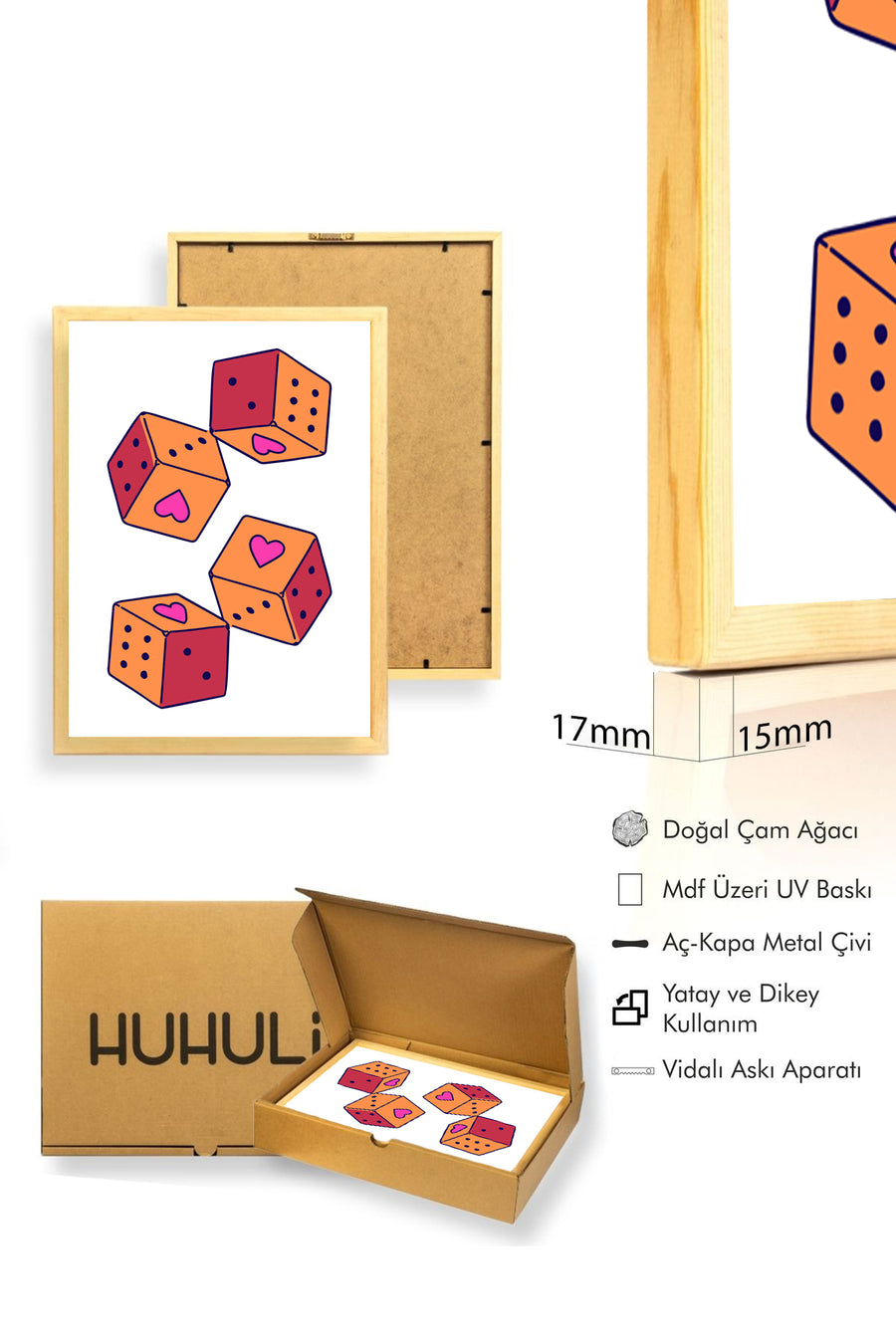 Doğal Ahşap Çerçeveli Retro Tablo - Kalpli Geometrik Desenli Pop Art | huhu2357