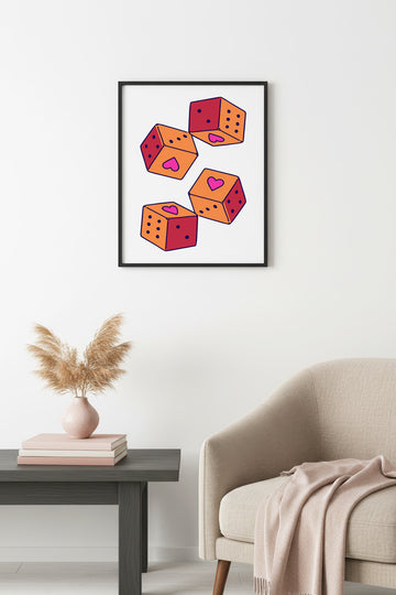 Doğal Ahşap Çerçeveli Retro Tablo - Kalpli Geometrik Desenli Pop Art | huhu2357