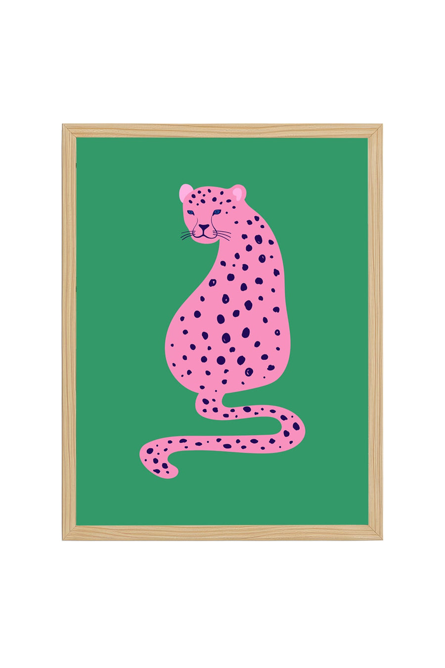 Doğal Ahşap Çerçeveli Retro Leopar Tablo - Pembe Hayvan Sanatı | huhu2359