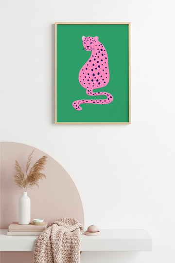 Doğal Ahşap Çerçeveli Retro Leopar Tablo - Pembe Hayvan Sanatı | huhu2359