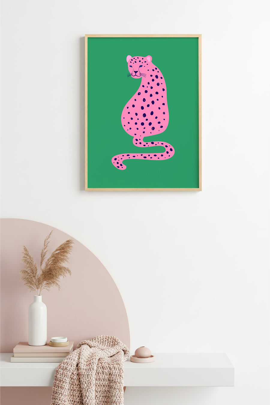 Doğal Ahşap Çerçeveli Retro Leopar Tablo - Pembe Hayvan Sanatı | huhu2359