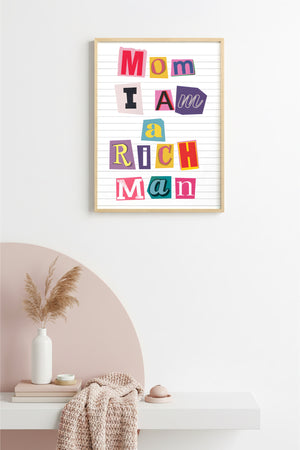 Doğal Ahşap Çerçeveli Retro Tipografi Poster - Mom ı Am Rich Man Mesajı | huhu2360