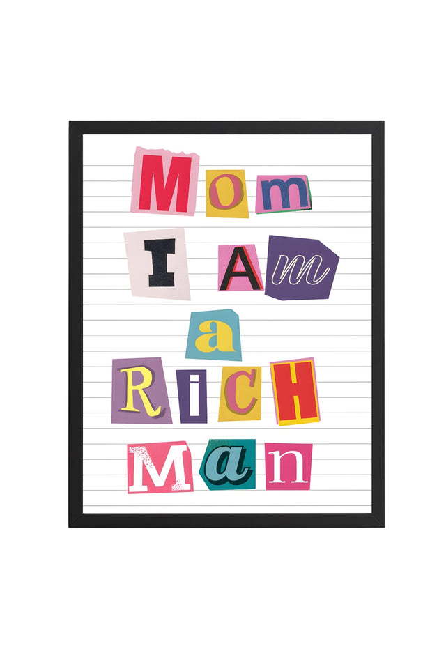 Doğal Ahşap Çerçeveli Retro Tipografi Poster - Mom ı Am Rich Man Mesajı | huhu2360