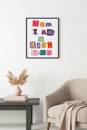 Doğal Ahşap Çerçeveli Retro Tipografi Poster - Mom ı Am Rich Man Mesajı | huhu2360