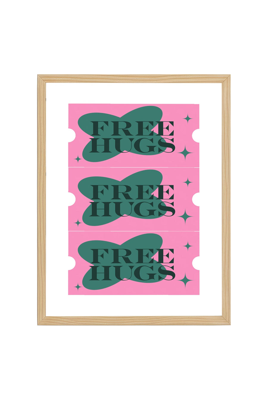 Doğal Ahşap Çerçeveli Retro Tablo - Yeşil Pembe Free Hugs | huhu2361