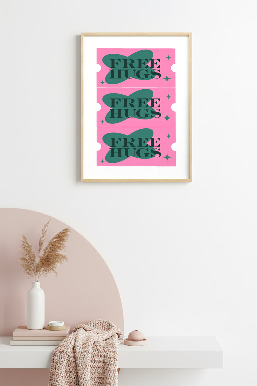 Doğal Ahşap Çerçeveli Retro Tablo - Yeşil Pembe Free Hugs | huhu2361