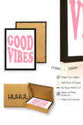 Doğal Ahşap Çerçeveli Retro Tablo - Good Vibes Pembe Yazı Tasarım | huhu2362