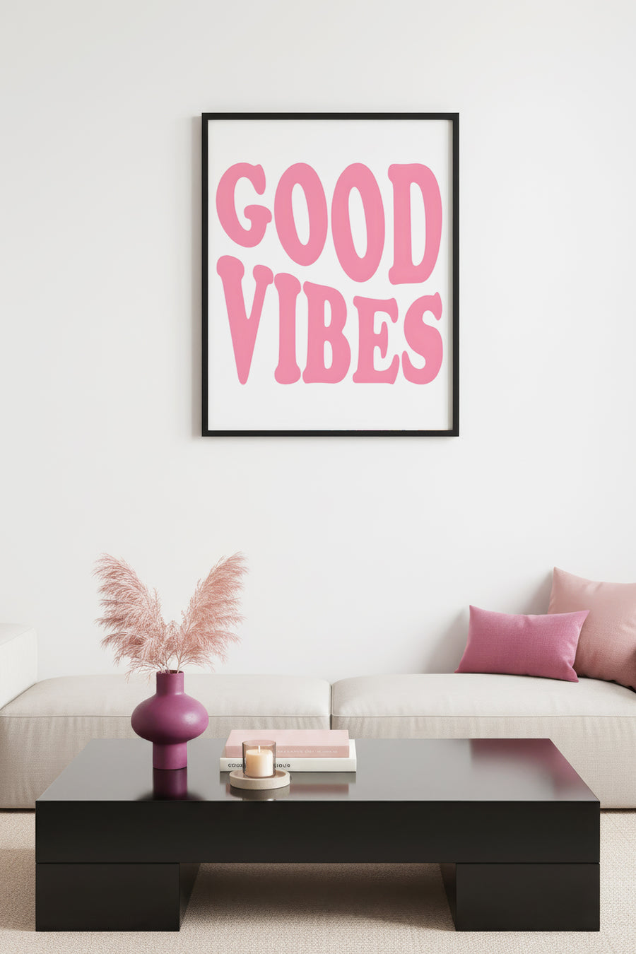 Doğal Ahşap Çerçeveli Retro Tablo - Good Vibes Pembe Yazı Tasarım | huhu2362