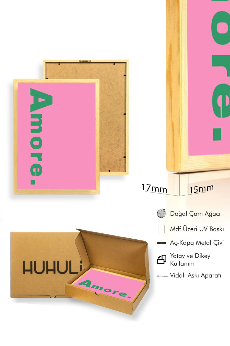 Doğal Ahşap Çerçeveli Retro Amore Yazı Tablo - Yeşil Kaligrafi | huhu2363