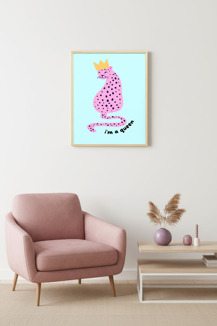 Doğal Ahşap Çerçeveli Retro Kraliçe Kedi Tablo - Pembe Desen | huhu2364