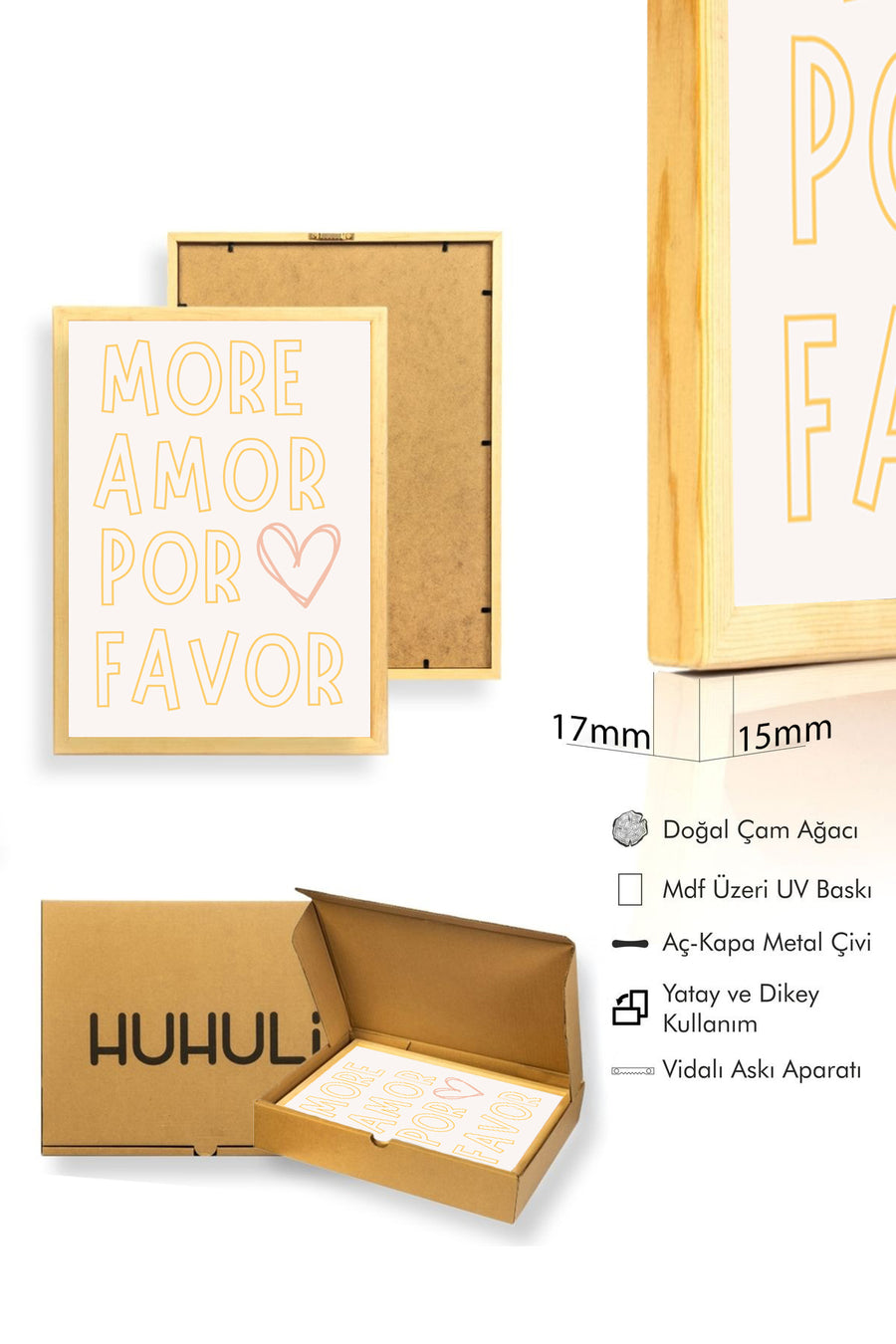 Doğal Ahşap Çerçeveli Retro Minimalist Tablo - Sarı Yazı Tasarım | huhu2367