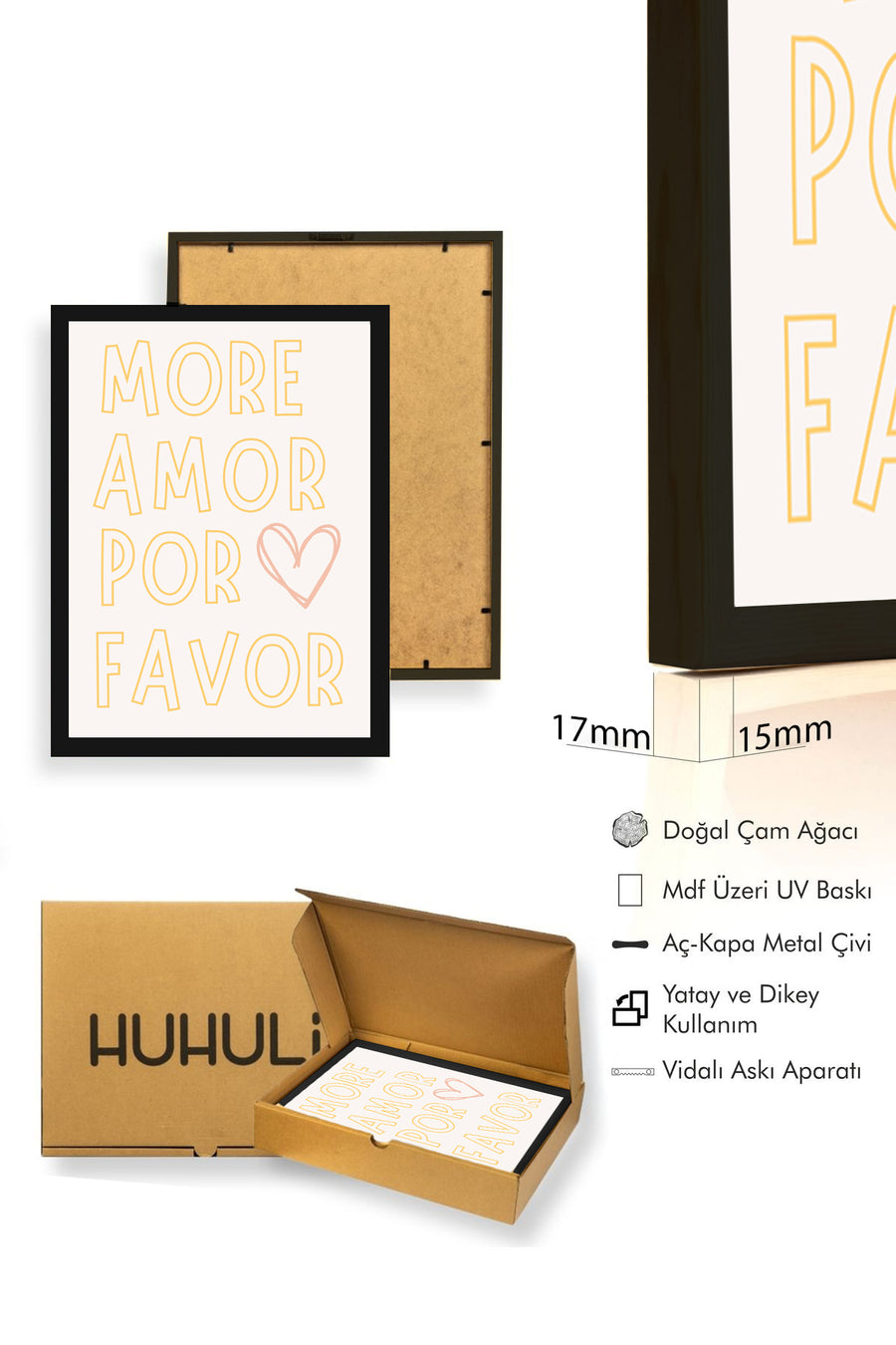 Doğal Ahşap Çerçeveli Retro Minimalist Tablo - Sarı Yazı Tasarım | huhu2367