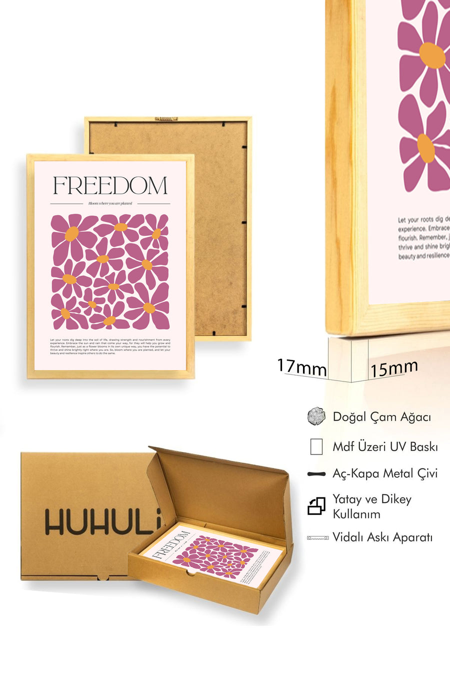 Doğal Ahşap Çerçeveli Retro Floral Desenli Tablo - Boho Tonlar | huhu2368