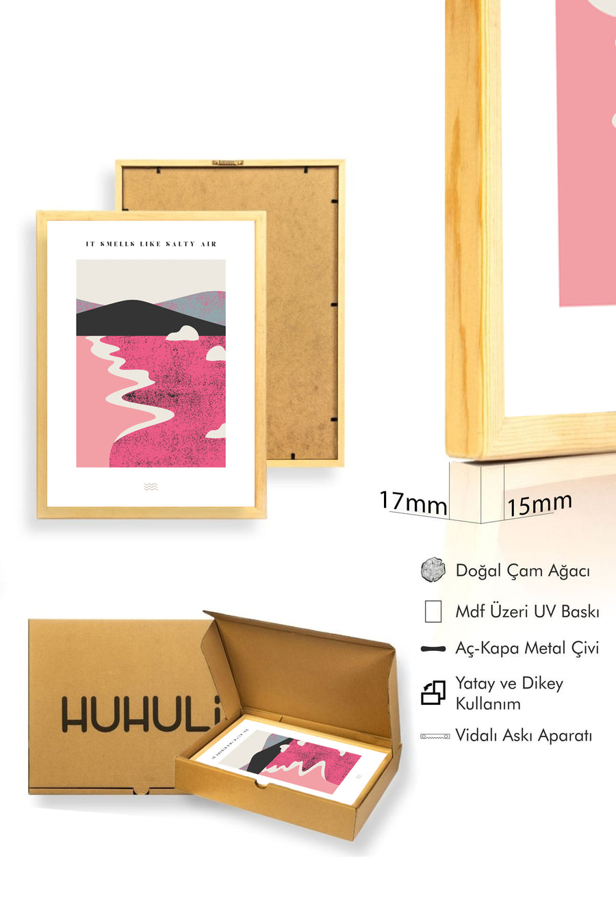 Doğal Ahşap Çerçeveli Retro Abstract Tablo - Pastel Sahil Manzarası | huhu2369