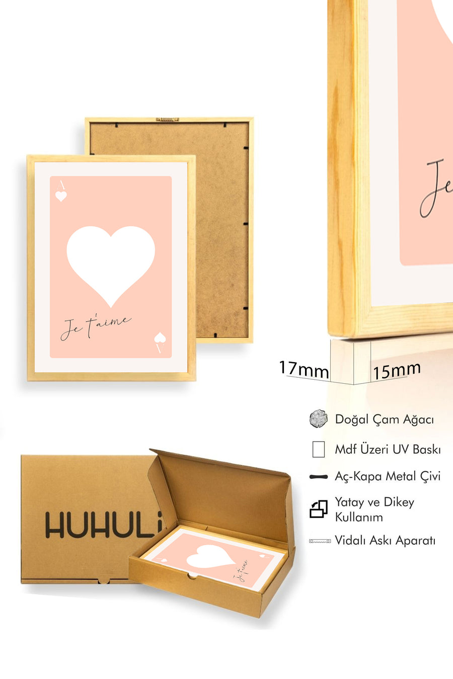 Doğal Ahşap Çerçeveli Retro Kalp Je T'aime Tablo - Romantik Pastel Tonlar | huhu2372