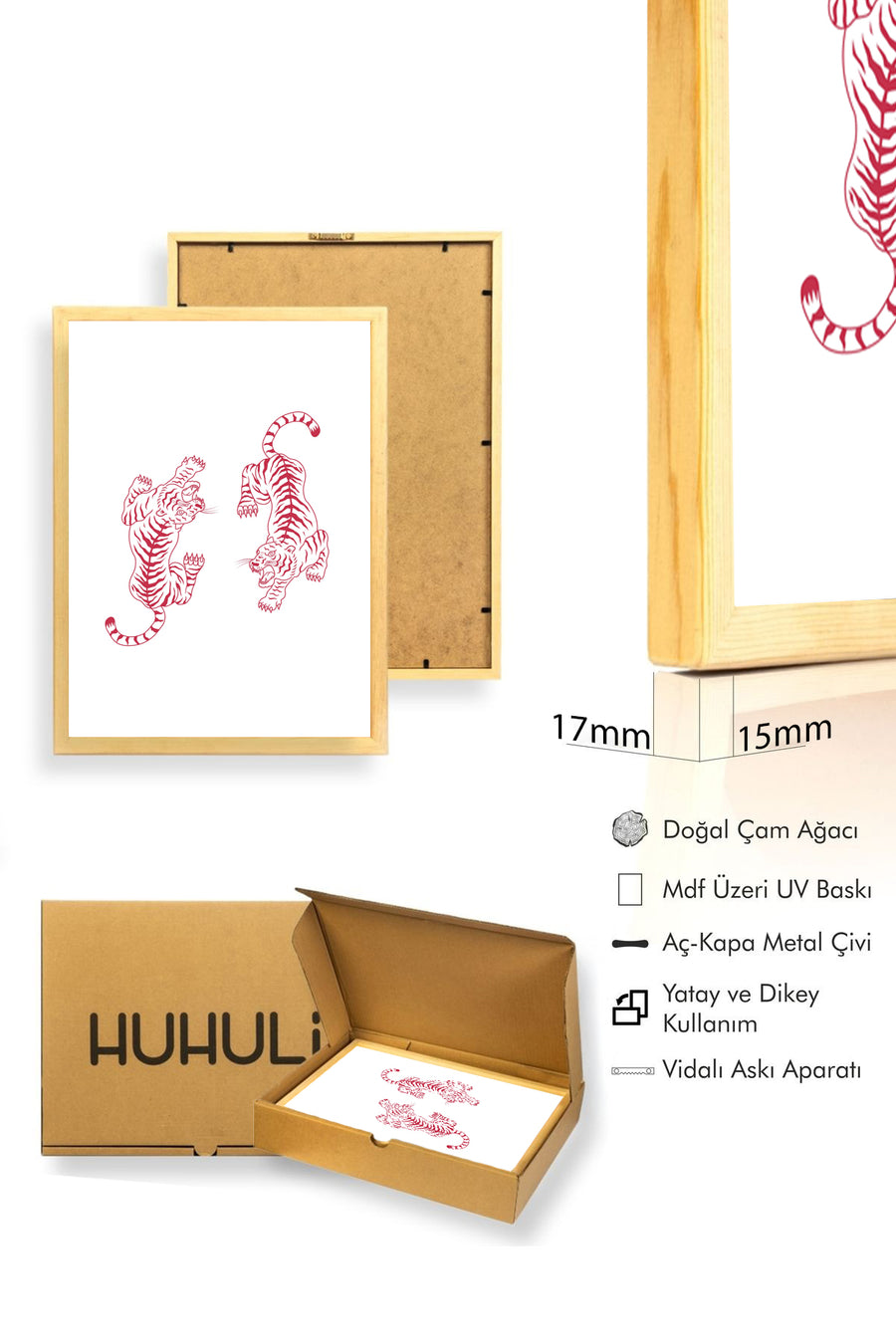 Doğal Ahşap Çerçeveli Retro Kaplan Tablo - Orman Hayvanları | huhu2376