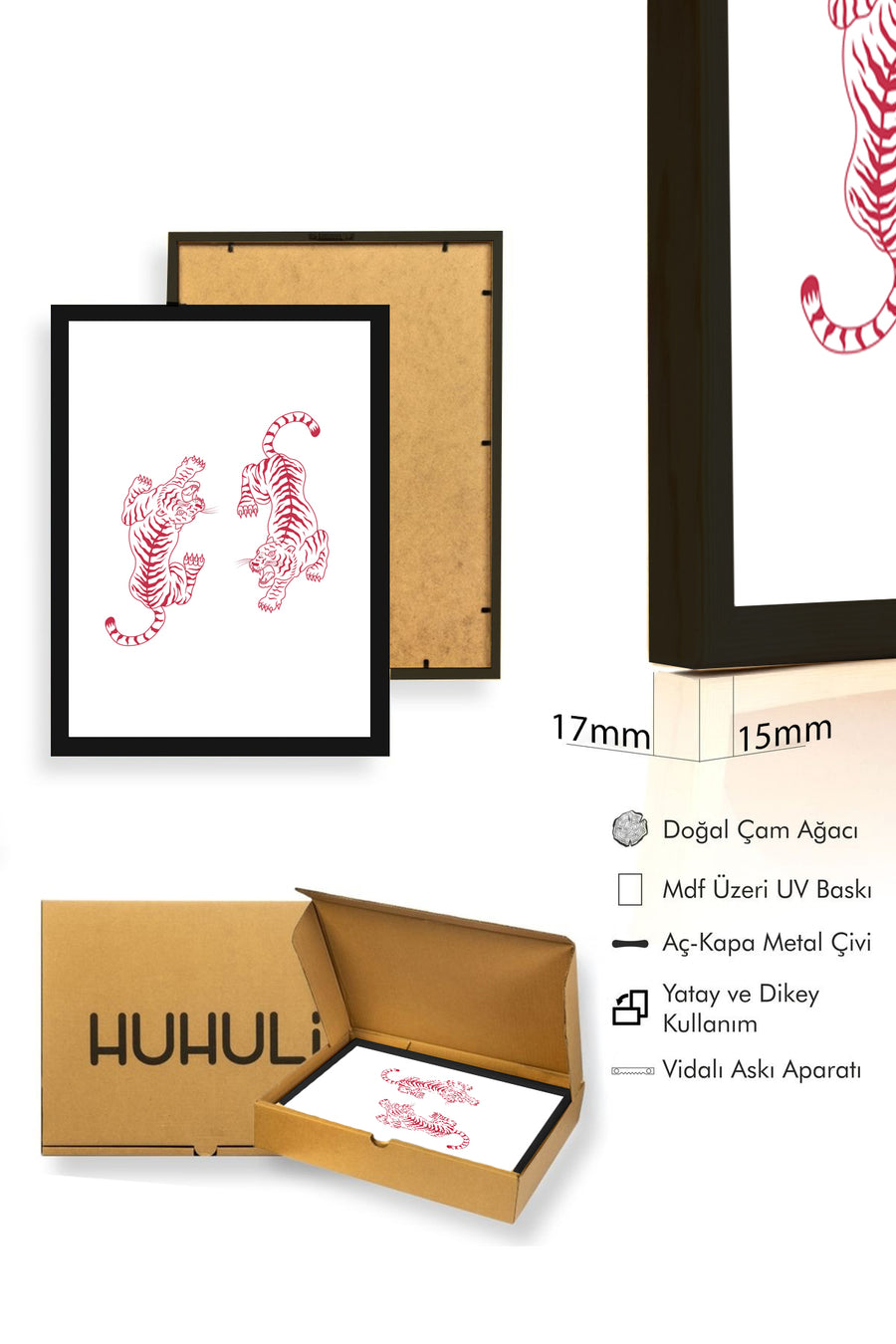 Doğal Ahşap Çerçeveli Retro Kaplan Tablo - Orman Hayvanları | huhu2376