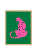 Doğal Ahşap Çerçeveli Retro Kedi Tablo - Pembe Leopar Desenli | huhu2379
