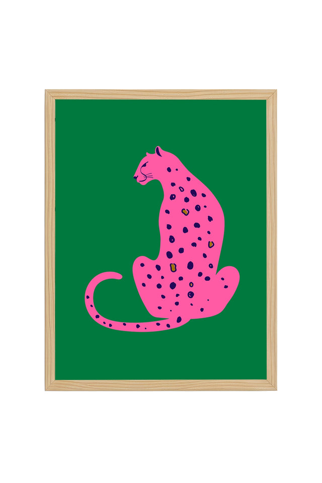 Doğal Ahşap Çerçeveli Retro Kedi Tablo - Pembe Leopar Desenli | huhu2379