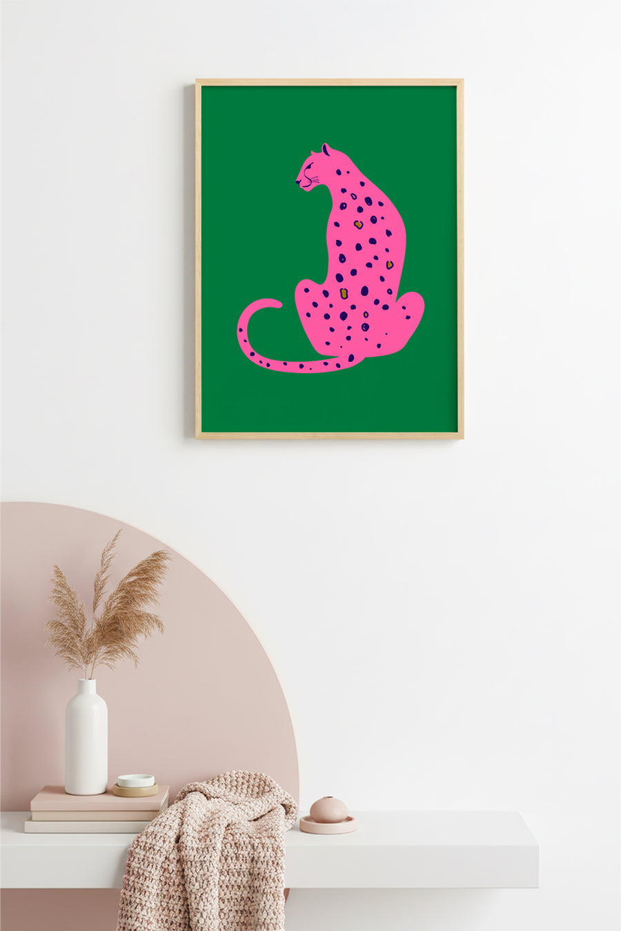 Doğal Ahşap Çerçeveli Retro Kedi Tablo - Pembe Leopar Desenli | huhu2379