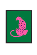 Doğal Ahşap Çerçeveli Retro Kedi Tablo - Pembe Leopar Desenli | huhu2379