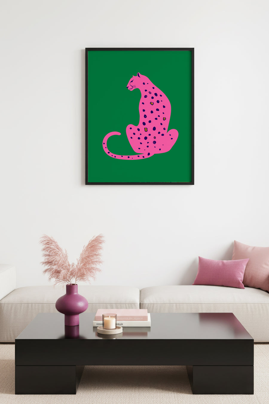 Doğal Ahşap Çerçeveli Retro Kedi Tablo - Pembe Leopar Desenli | huhu2379