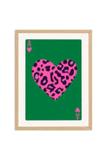 Doğal Ahşap Çerçeveli Retro Leopar Desenli Kalp Tablo - Pembe | huhu2380