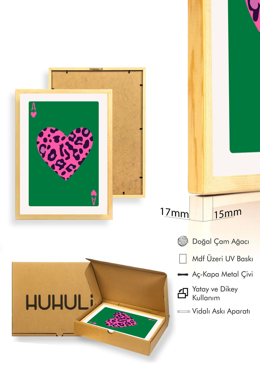 Doğal Ahşap Çerçeveli Retro Leopar Desenli Kalp Tablo - Pembe | huhu2380