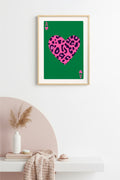 Doğal Ahşap Çerçeveli Retro Leopar Desenli Kalp Tablo - Pembe | huhu2380