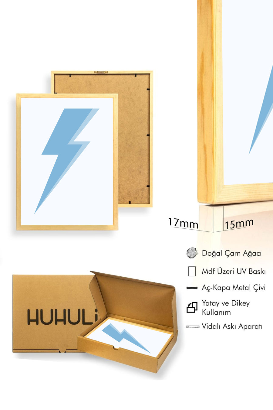 Doğal Ahşap Çerçeveli Modern Retro Tablo - Soyut Yıldırım Desenli Duvar Sanatı | huhu2381