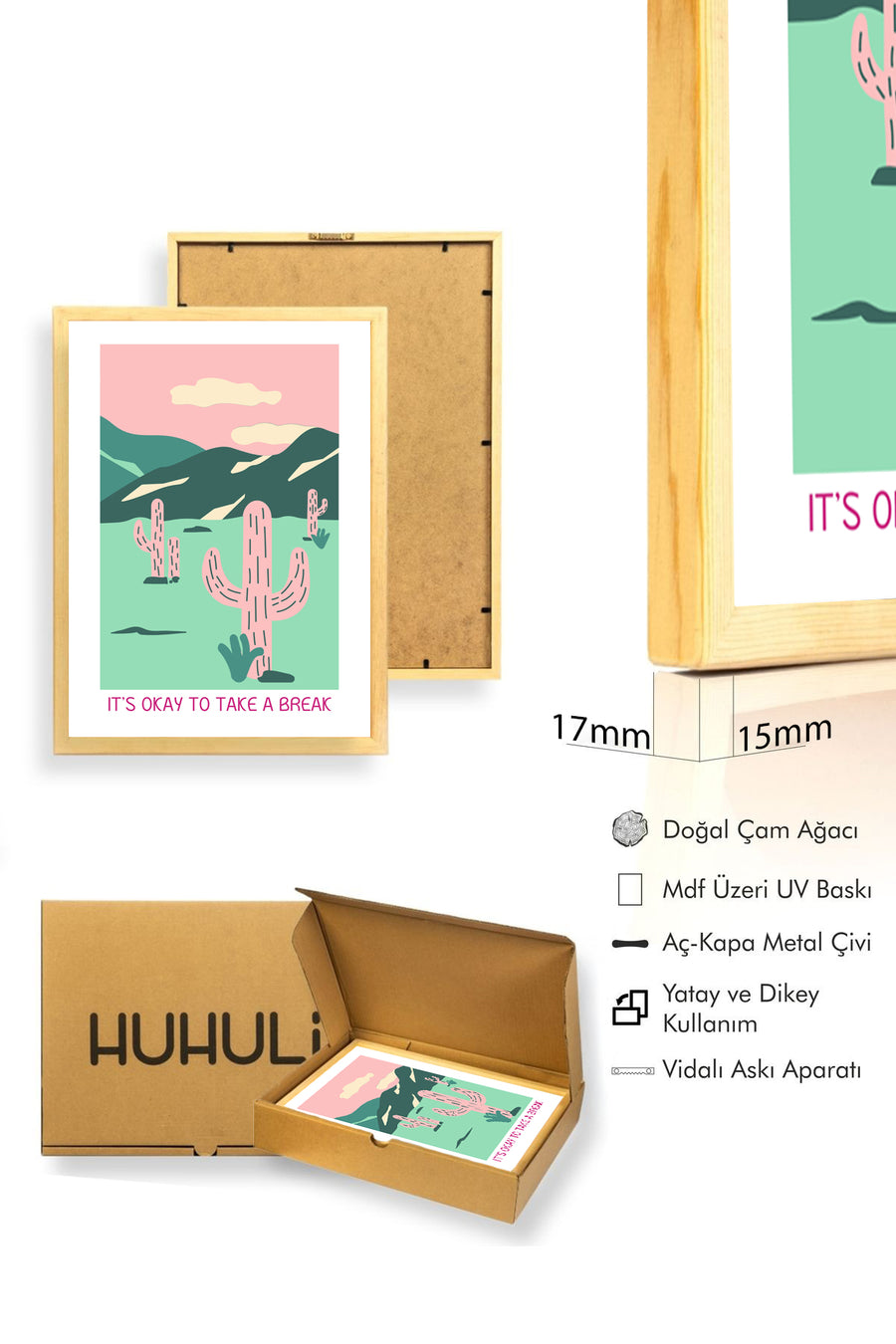 Doğal Ahşap Çerçeveli Retro Tablo - Kaktüs Çöl Manzarası | huhu2383