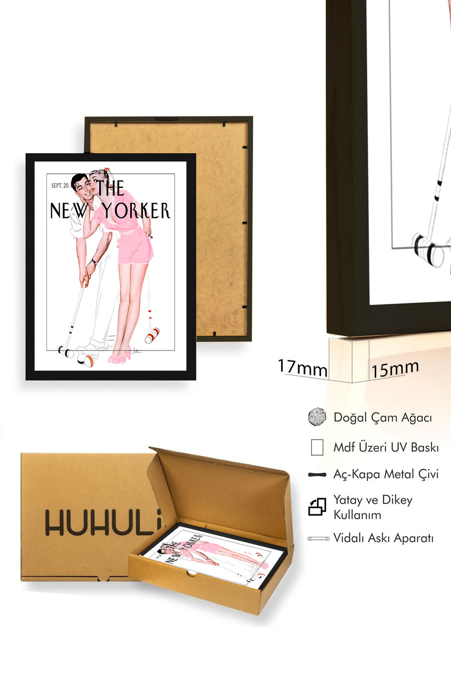 Doğal Ahşap Çerçeveli Vintage Tablo - Retro Pop Art Çift New Yorker | huhu2385