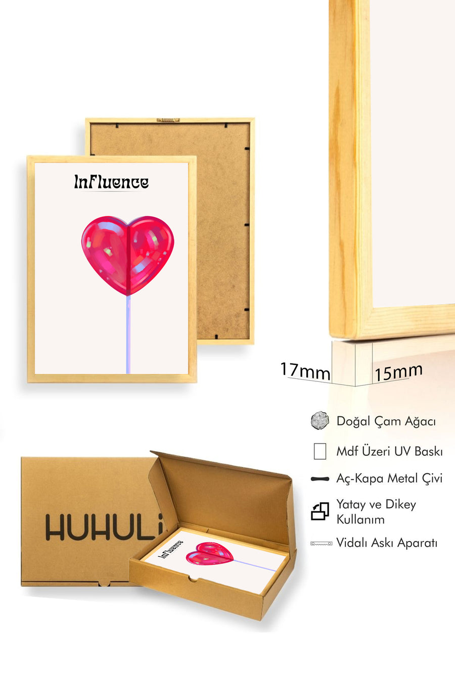 Doğal Ahşap Çerçeveli Retro Kalp Tablo - Romantik Sevgi Teması | huhu2387