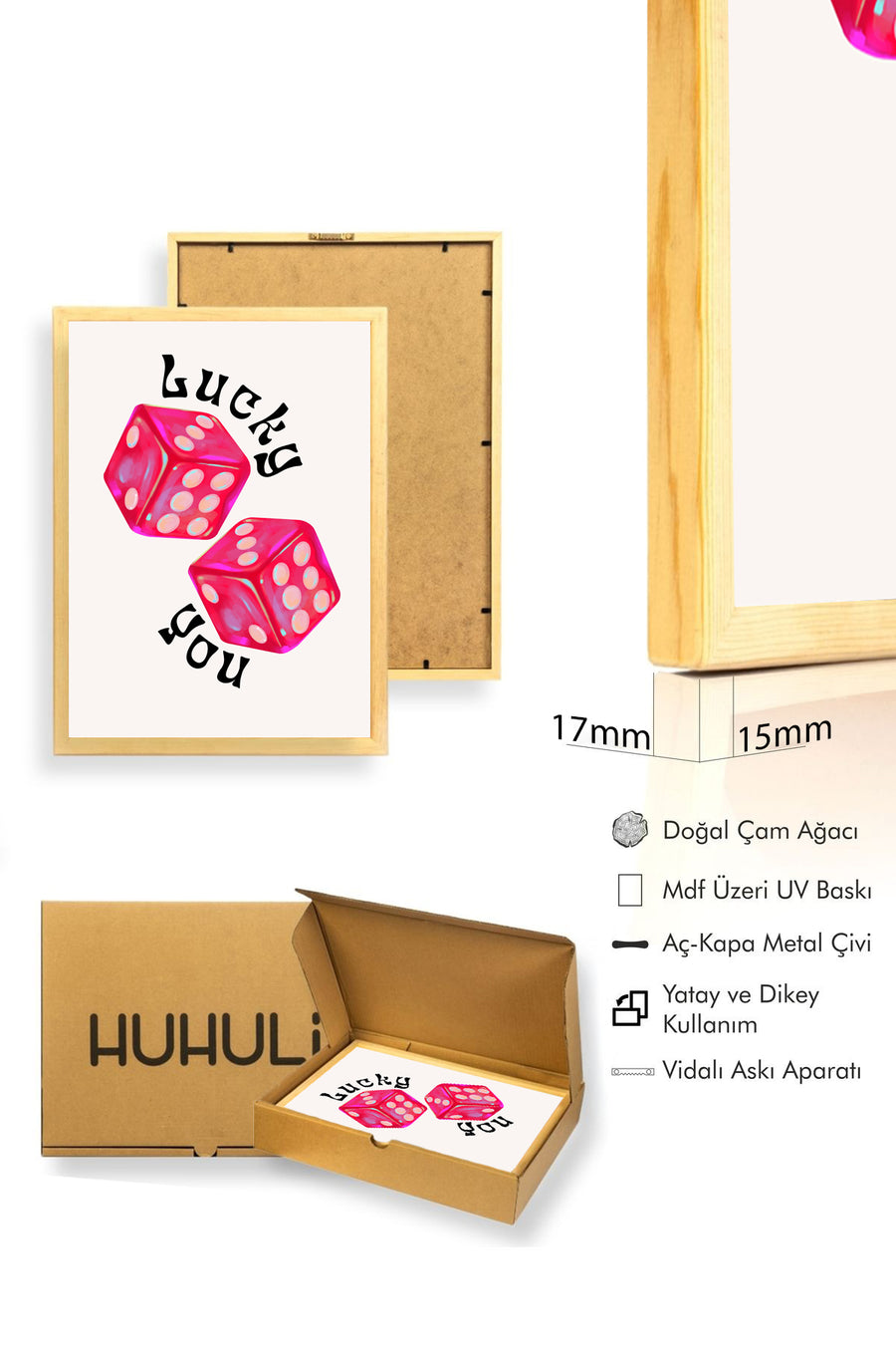 Doğal Ahşap Çerçeveli Retro Şans Oyunu Tablo - Pembe Küp Deseni | huhu2388