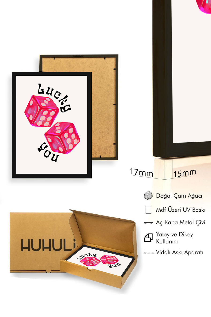 Doğal Ahşap Çerçeveli Retro Şans Oyunu Tablo - Pembe Küp Deseni | huhu2388