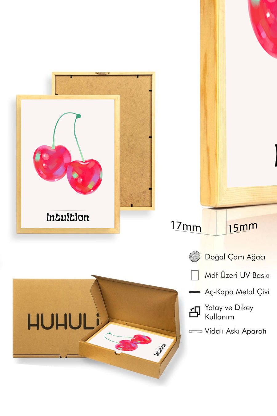 Doğal Ahşap Çerçeveli Retro Kiraz Pop Art Tablo - Intuition Tasarım | huhu2389