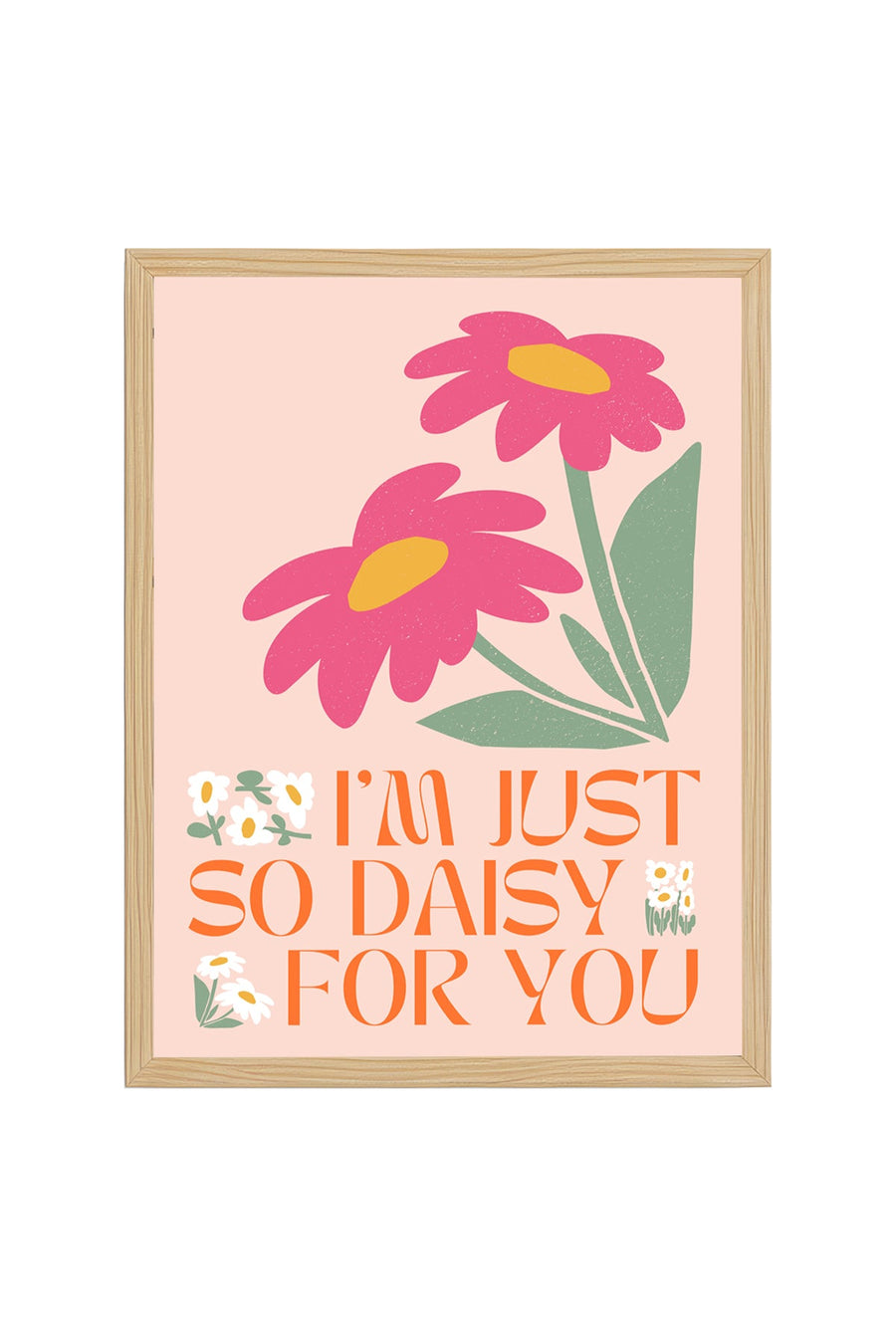 Doğal Ahşap Çerçeveli Retro Daisy Çiçek Tablo - Canlı Pembe Tonlar | huhu2391
