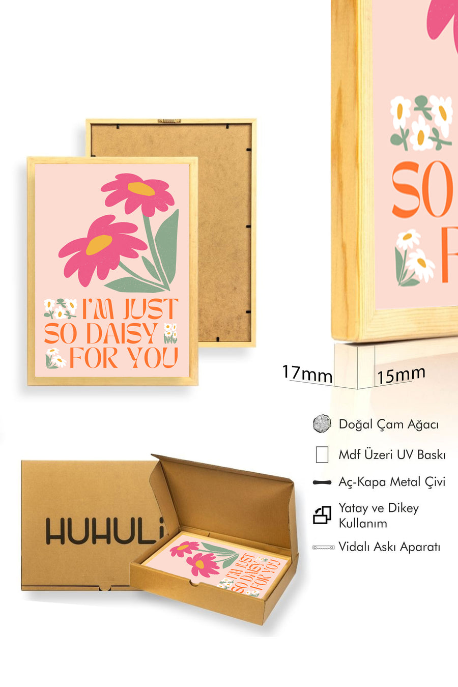 Doğal Ahşap Çerçeveli Retro Daisy Çiçek Tablo - Canlı Pembe Tonlar | huhu2391