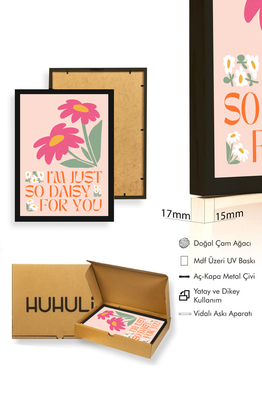 Doğal Ahşap Çerçeveli Retro Daisy Çiçek Tablo - Canlı Pembe Tonlar | huhu2391