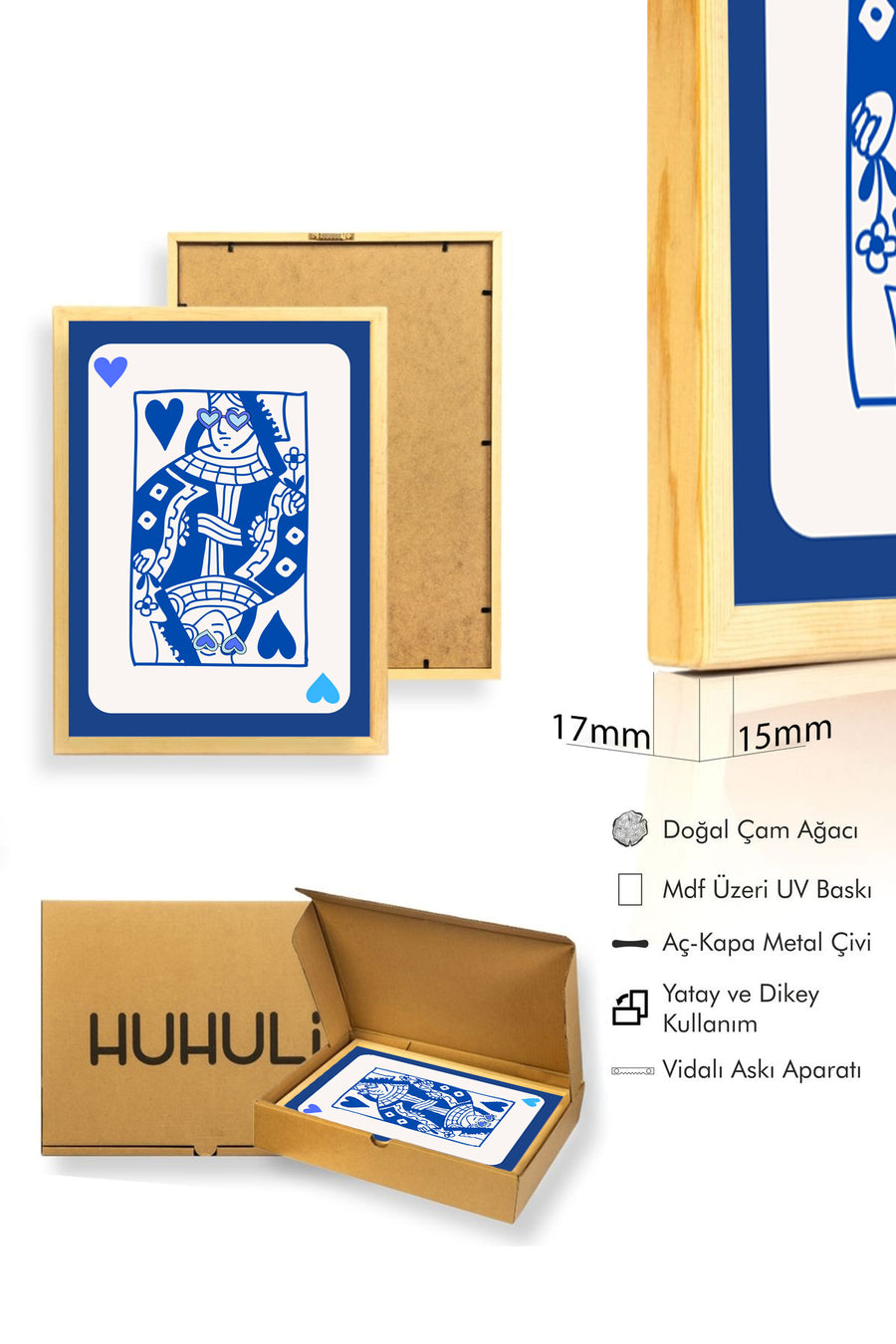 Doğal Ahşap Çerçeveli Retro Pop Art Tablo - Mavi Kalp Desenli Kadın Portresi | huhu2396