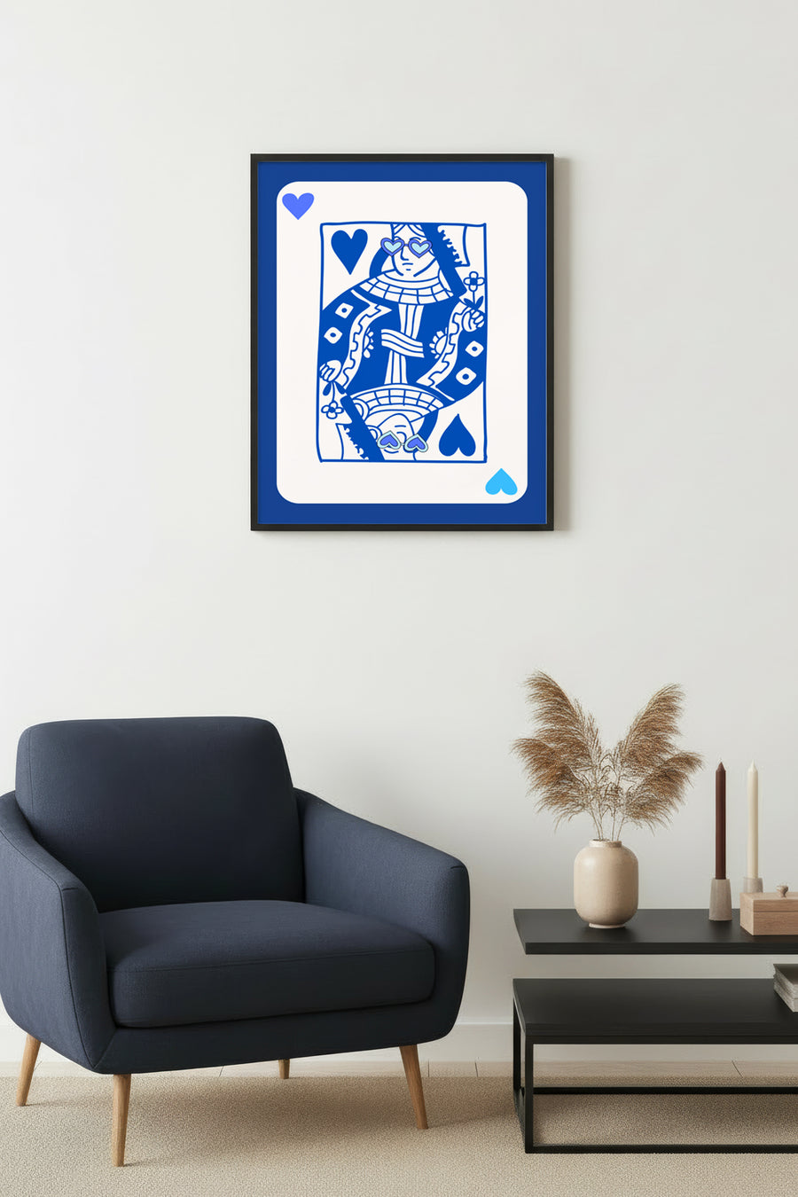 Doğal Ahşap Çerçeveli Retro Pop Art Tablo - Mavi Kalp Desenli Kadın Portresi | huhu2396