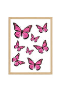 Doğal Ahşap Çerçeveli Kelebek Desenli Retro Tablo - Canlı Pembe | huhu2397