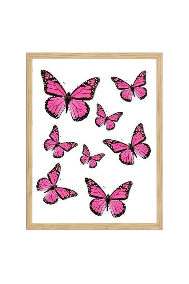 Doğal Ahşap Çerçeveli Kelebek Desenli Retro Tablo - Canlı Pembe | huhu2397