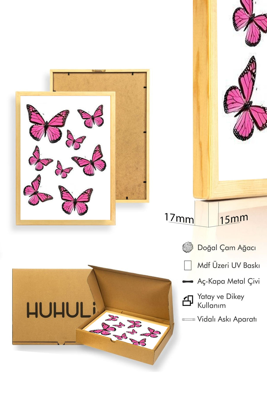 Doğal Ahşap Çerçeveli Kelebek Desenli Retro Tablo - Canlı Pembe | huhu2397