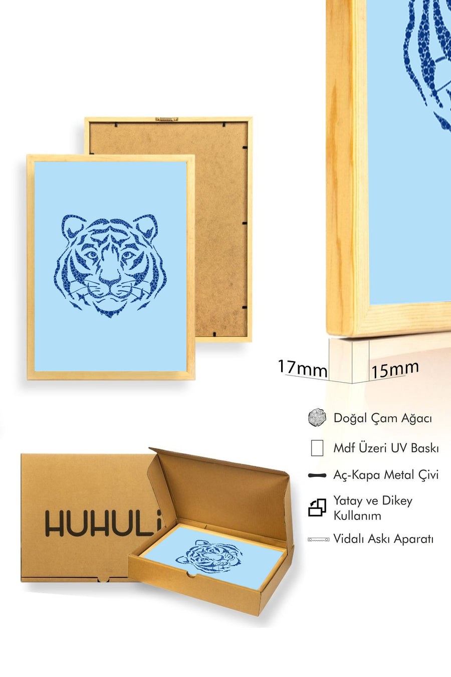 Doğal Ahşap Çerçeveli Retro Kaplan Tablo - Canlı Hayvan Portresi | huhu2398