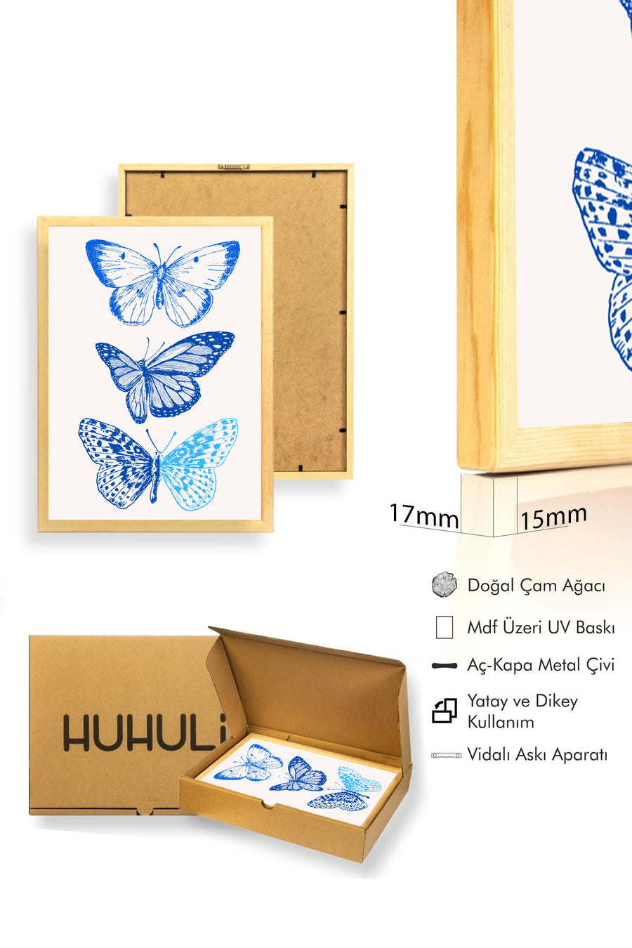 Doğal Ahşap Çerçeveli Retro Kelebek Tablo - Mavi Desen | huhu2399