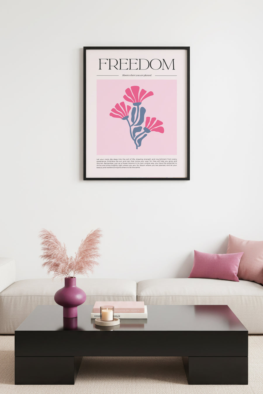 Doğal Ahşap Çerçeveli Retro Tablo - Pembe ve Gri Çiçek Desenli | huhu2402