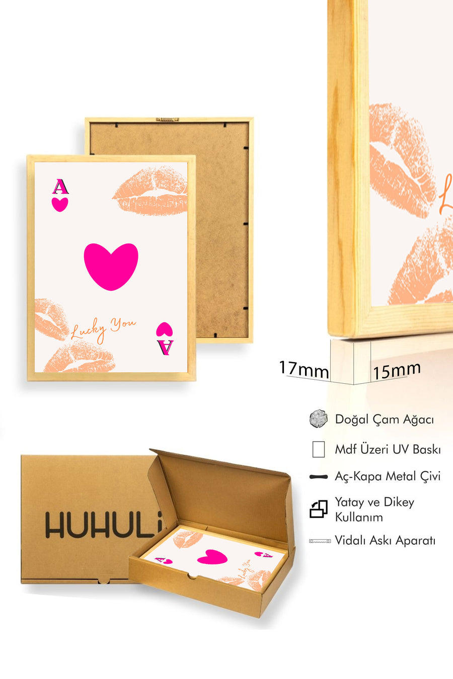 Doğal Ahşap Çerçeveli Retro Pop Art Tablo - Pembe Kalp ve Tipografi | huhu2407