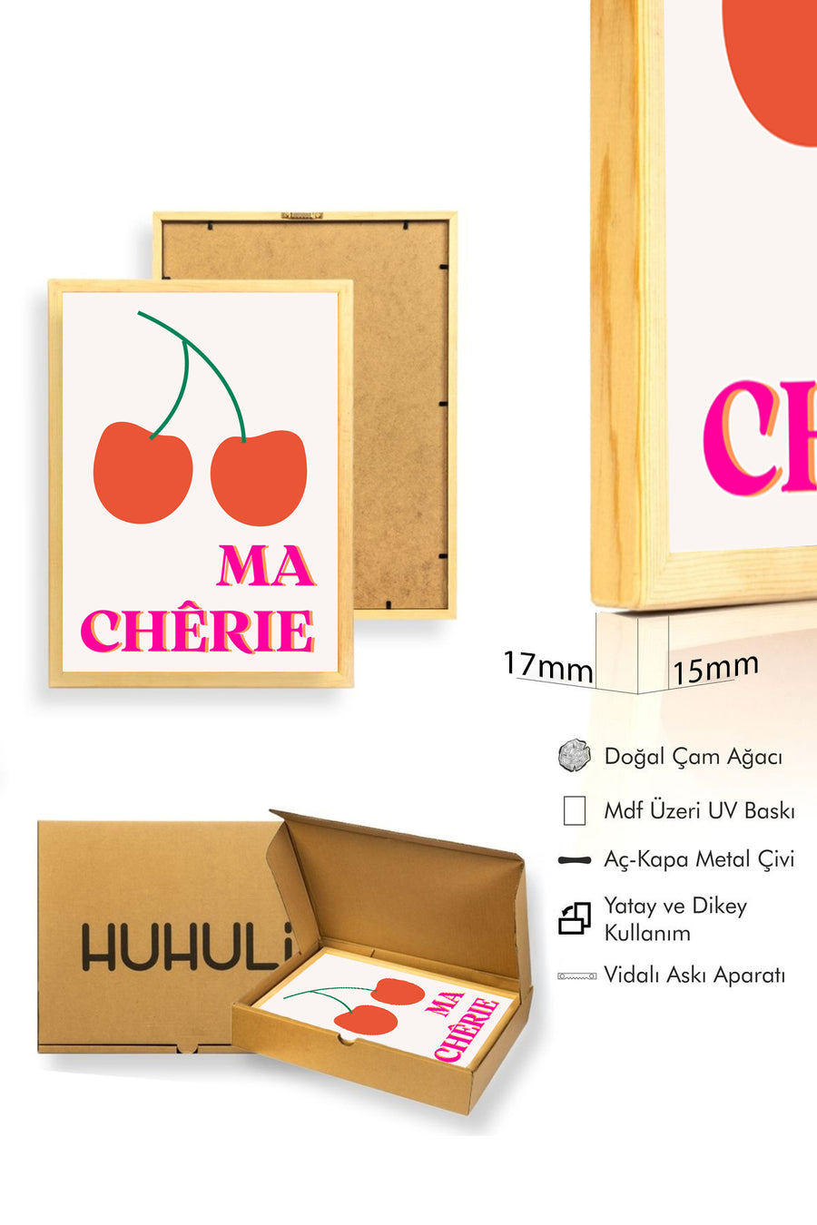 Doğal Ahşap Çerçeveli Retro Kiraz Ma Chérie Tablo - Pembe Tonlar | huhu2408